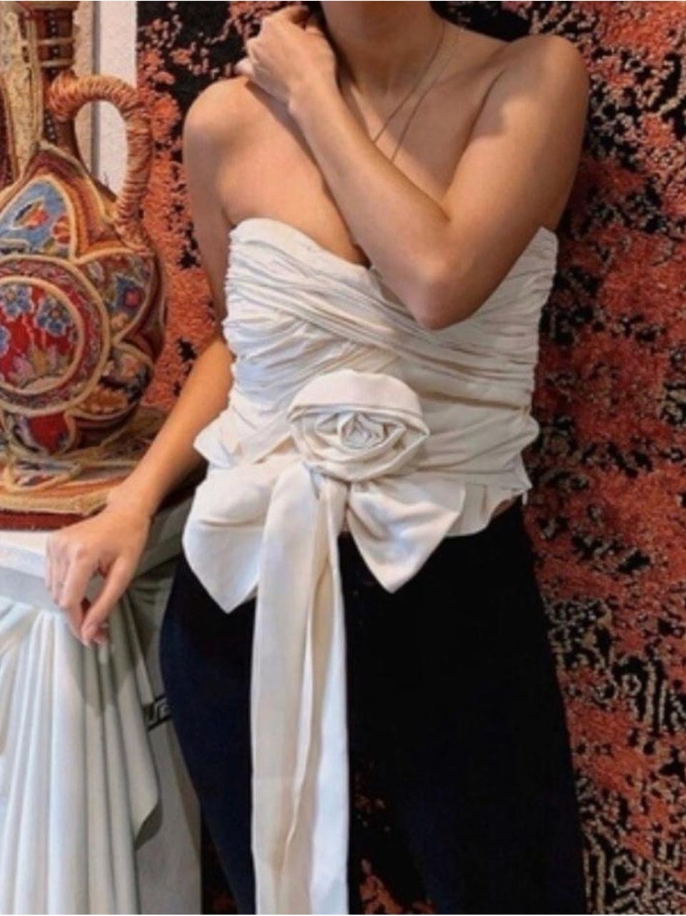 Zara Ivory Strapless Rose Appliqué Satin Top